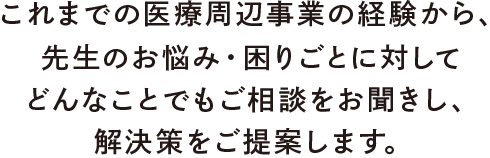 これまでの医療周辺事業の経験から、先生のお悩み・困りごとに対してどんなことでもご相談をお聞きし、解決策をご提案します。