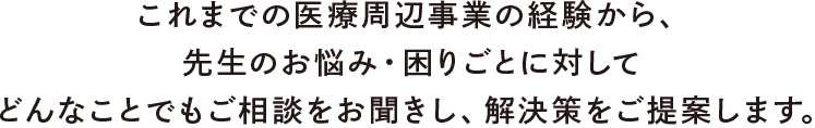 これまでの医療周辺事業の経験から、先生のお悩み・困りごとに対してどんなことでもご相談をお聞きし、解決策をご提案します。